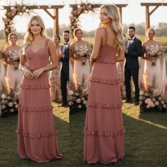 Revelry Dusty Rose Tiered Ruffle Maxi Bridesmaid Wedding Dress Formal Gown Sz 8